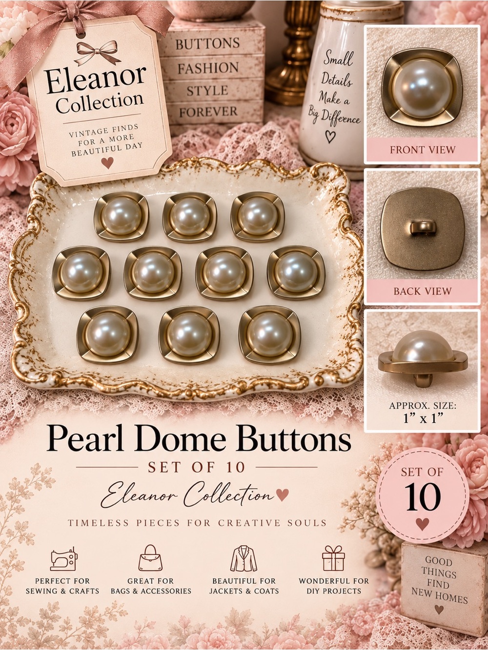 Eleanor Collection Faux Pearl Gold Tone Shank Buttons Set of 10.NWT